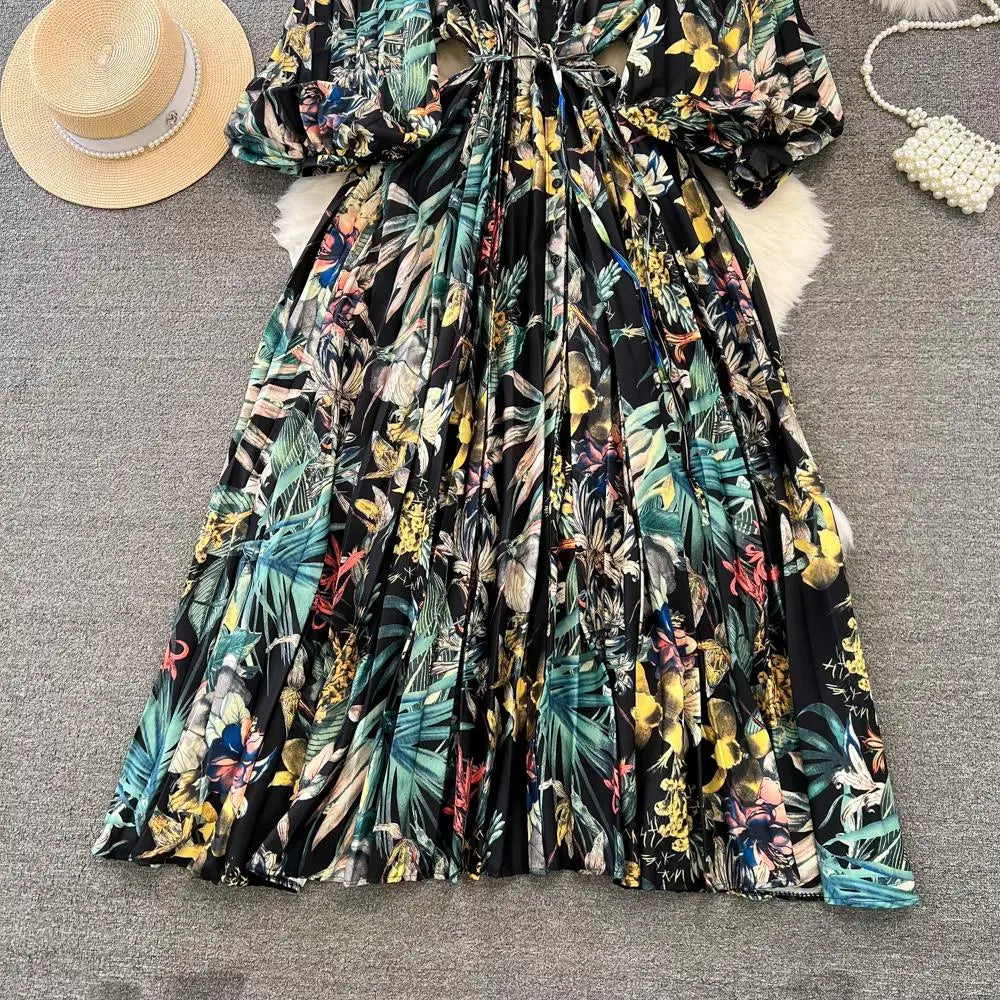 Elegant Women Casual Floral Print Party Dress Vintage Lantern Sleeve A-Line Pleated Prom Birthday Clothes Female Fashion Robe