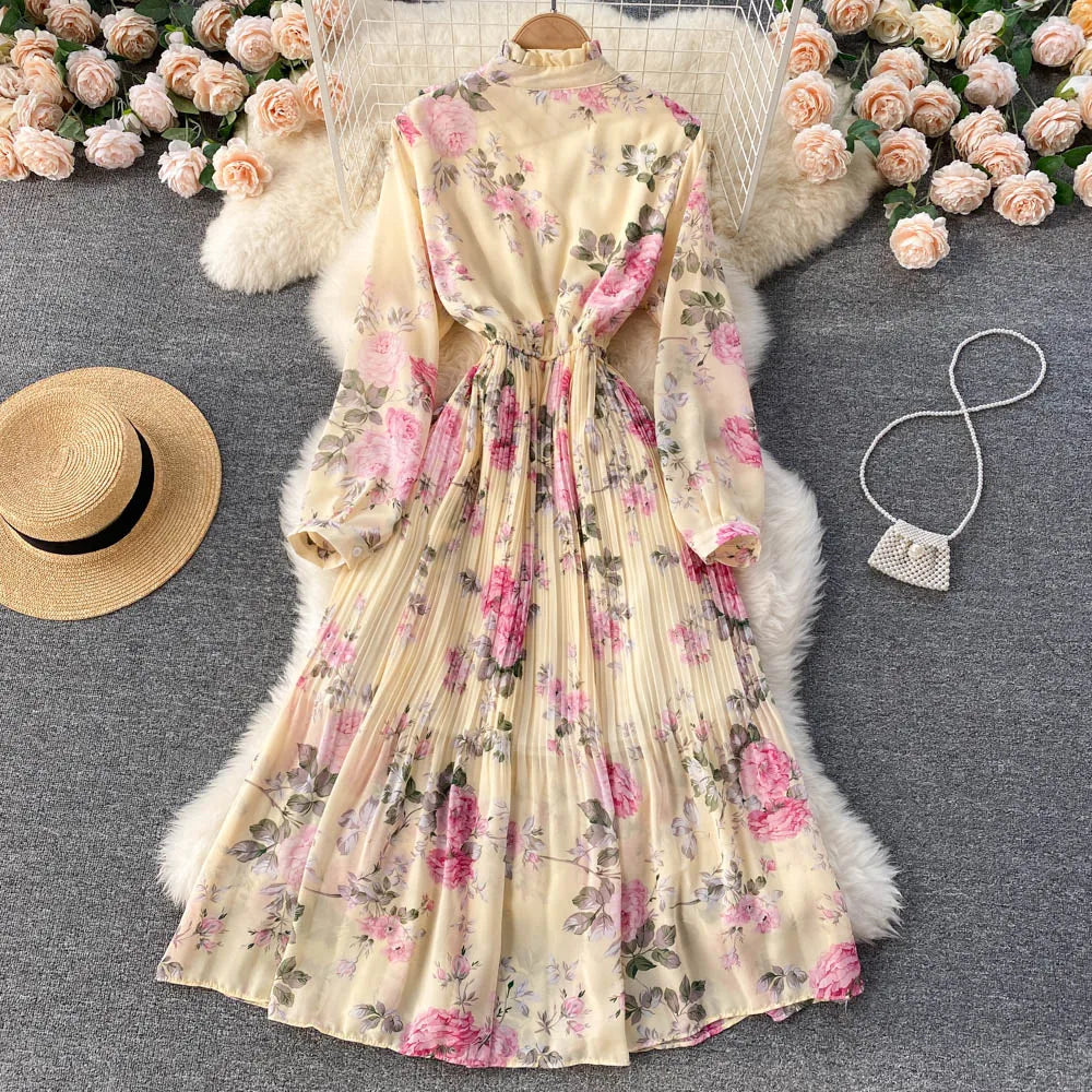 Retro Floral Print Pleated Elegant Chiffon Maxi Dress A-line Fashion Beach Vacation Party Dress Women Summer Spring Vestidos