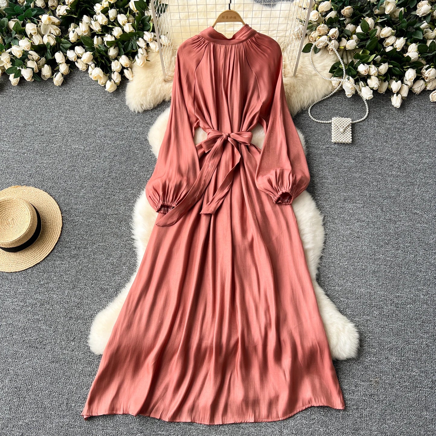 French Vintage Pleated lool sleeve print Lace-up Bow sweet Dress Casual Women Fashion summer dresses