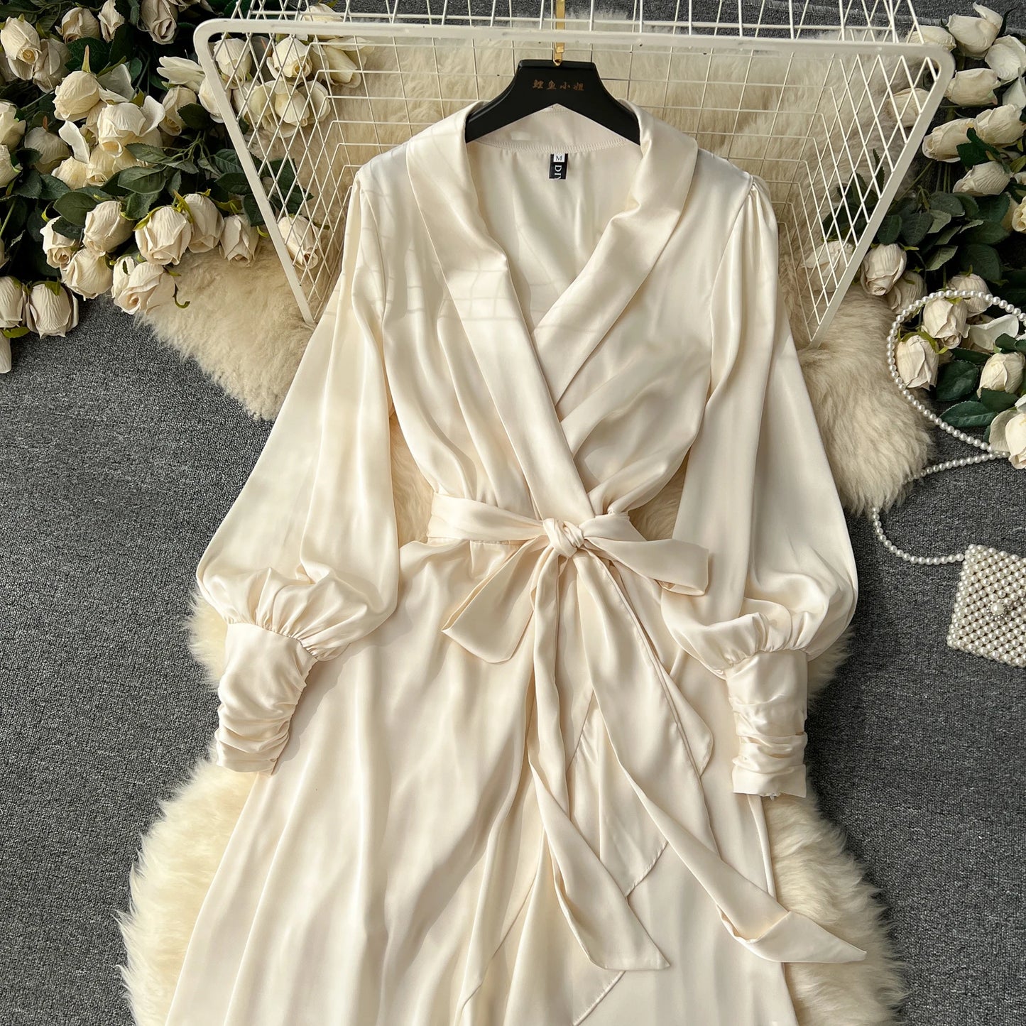 Women Elegant Satin Dress Summer Bandage High Waisted Ruffled Irregular Blazer Dresses Ladies A-line Vintage Party Long Robe