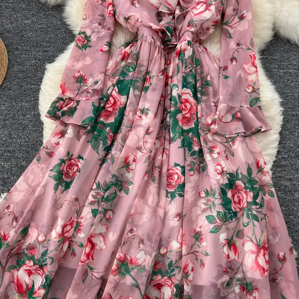 Women Elegant Floral Print Dress for Women Vintage V-Neck Long Sleeves Chiffon Slim A-Line Vestidos Mujer Autumn Female Clothes