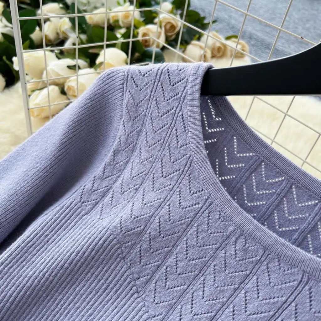 Elegant Solid Knitted Dress for Women Autumn French Vintage O-Neck Long Sleeve Fashion Evening Party Sweater Slim Midi Dresses