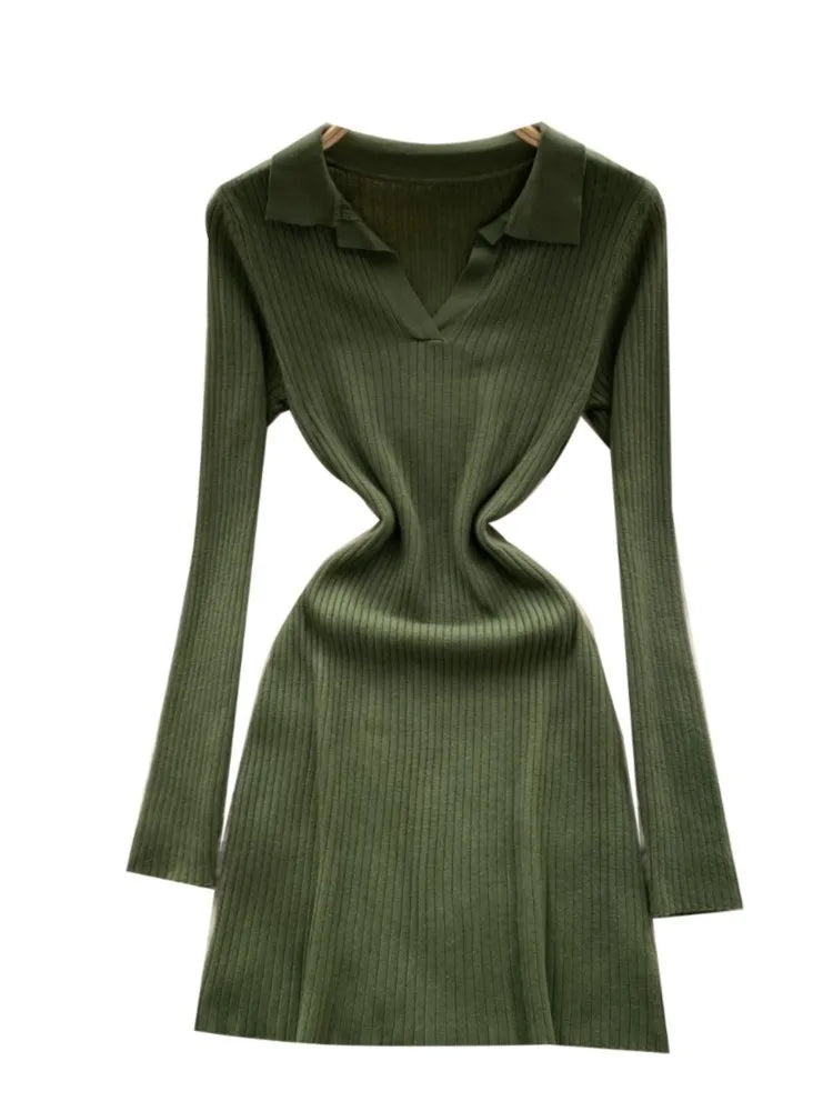 Y2k French Vintage Knitted Dress for Women Autumn Bodycon V-neck Long Sleeved Solid Simplicity Fashion Causal A-line Dresses