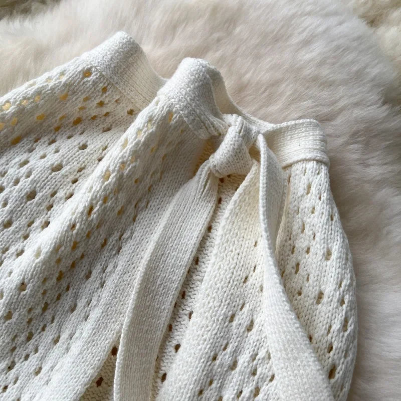Korean Skirts Women Design Lace-up Waist Hollow-out Crochet Knitted Skirt Split Slim-fit Midi Long Skirts Women Two-piece Sets
