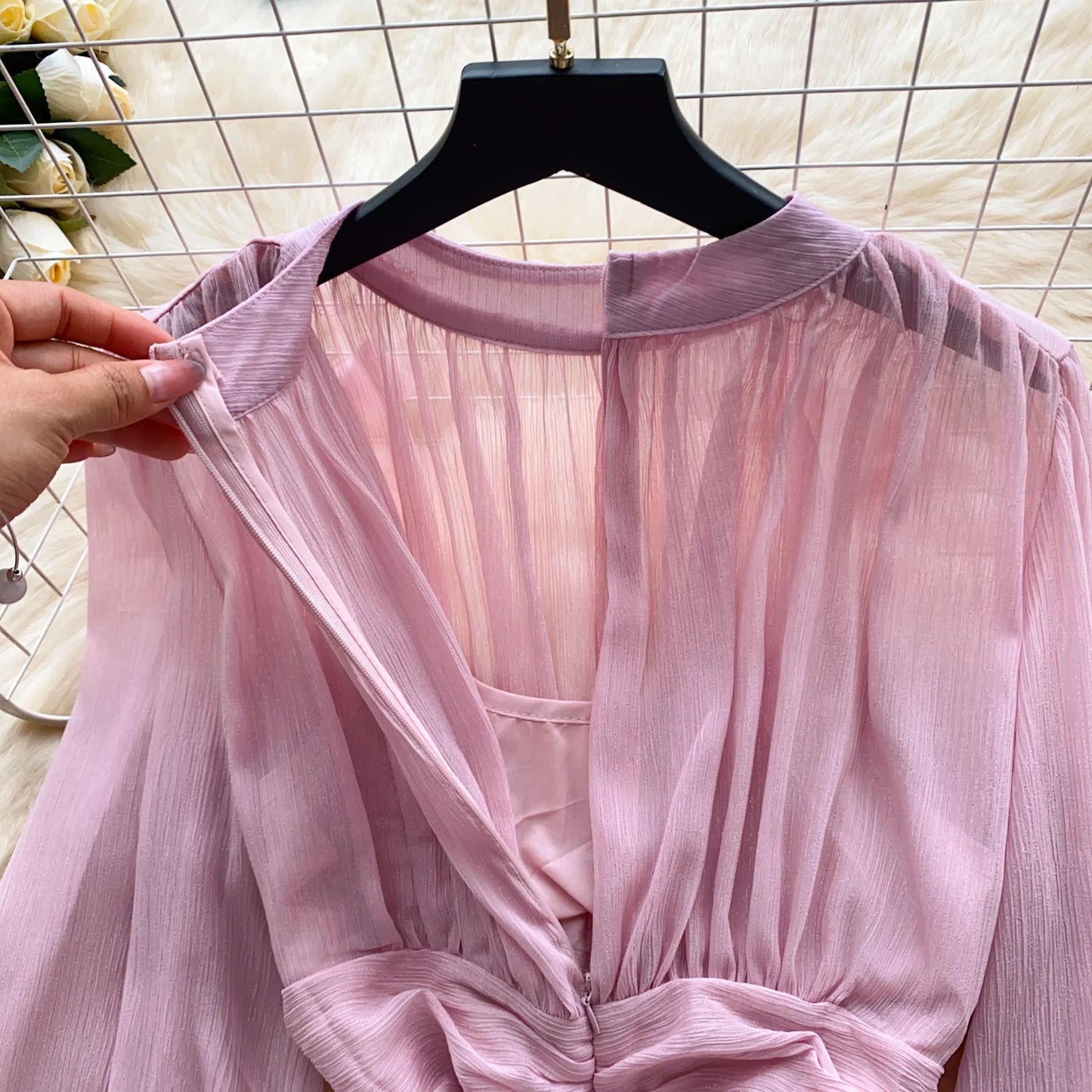 Elegant Tassel Beaded Lantern Sleeve Midi Dress Women French Stand Collar Slim A-Line Pleated Female One Piece Casual Mujer New
