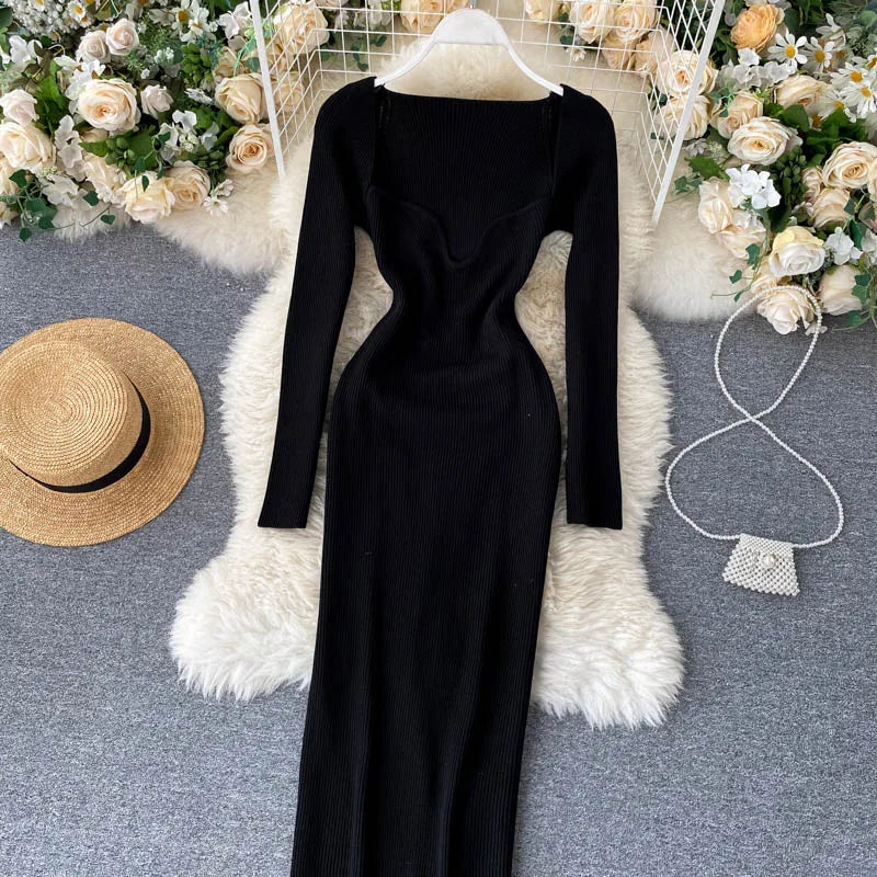 Women Long Sleeve Sexy Bodycon Dress with slit Vintage French Fashion Knit v neck Vestidos Basic Tight Elegant Slim Chic Dresses