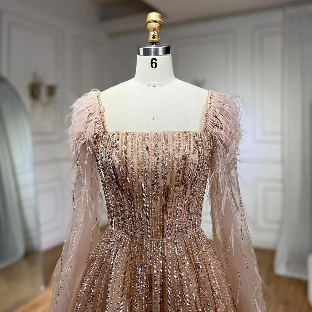 Serene Hill Luxury Dubai A Line Blue Cape Sleeves Feathers Beaded Evening Dresses Gowns 2023 For Women Wedding Party BLA72236