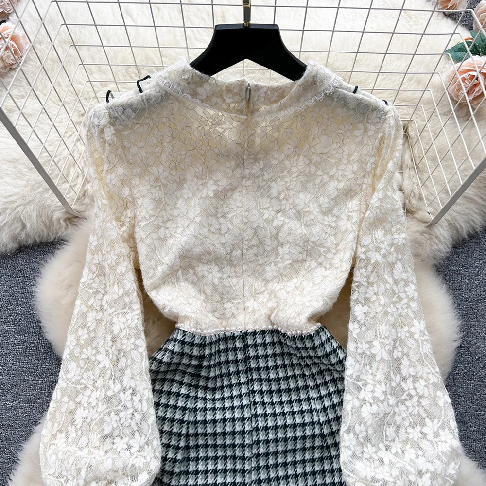 Winter Clothes Women Dresses Long Sleeve Lace Patchwork Textured Tweed Dress Ruffled Trim Lapel Collar Bow Elegant Mini Dress