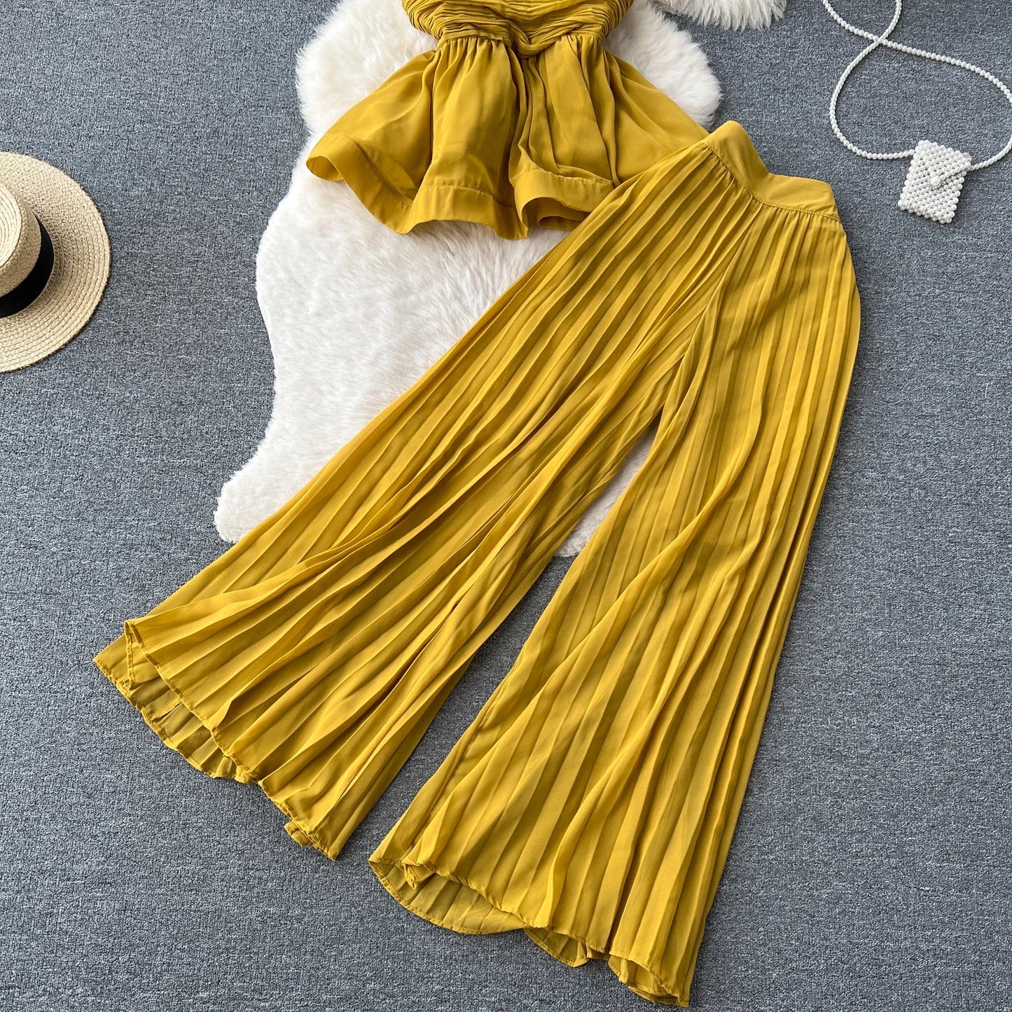 Sexy Two Pieces Sets Chic Pleated Sleeveless Off Shoulder Top with Fashion Hotsweet High Waist Wide Leg Pant Sets