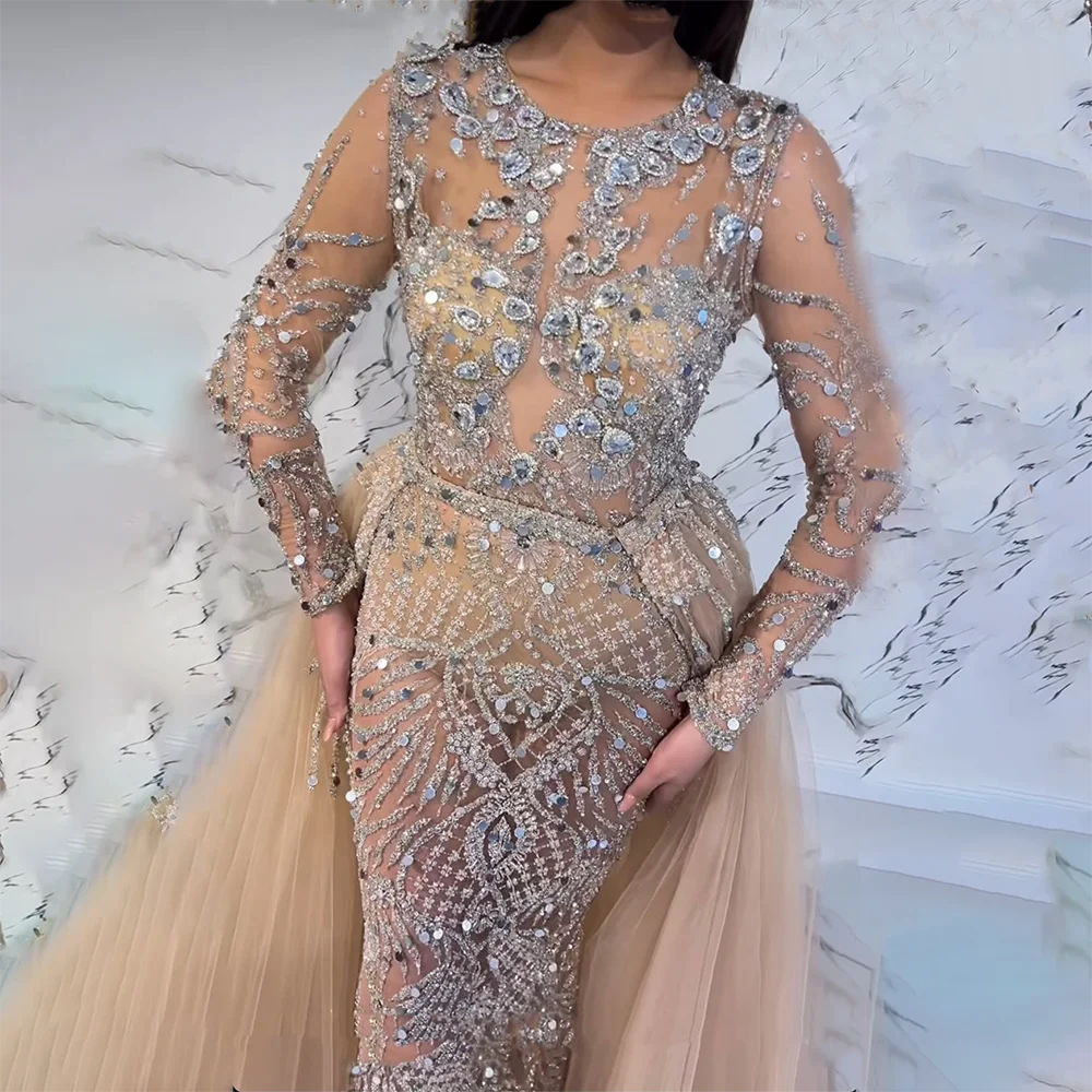 Serene Hill Muslim Silver Nude Mermaid Gown with Detachable Overskirt Beaded Evening Dress for Women Wedding Party 2024 LA71919