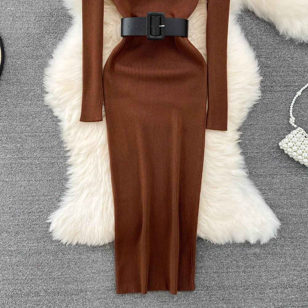 Elegant Turtleneck Long Sleeve Knit Soft Tight Pencil Dress with Belt Slim Fashion Warm Sweater Vestido Sexy Women Winter Robe