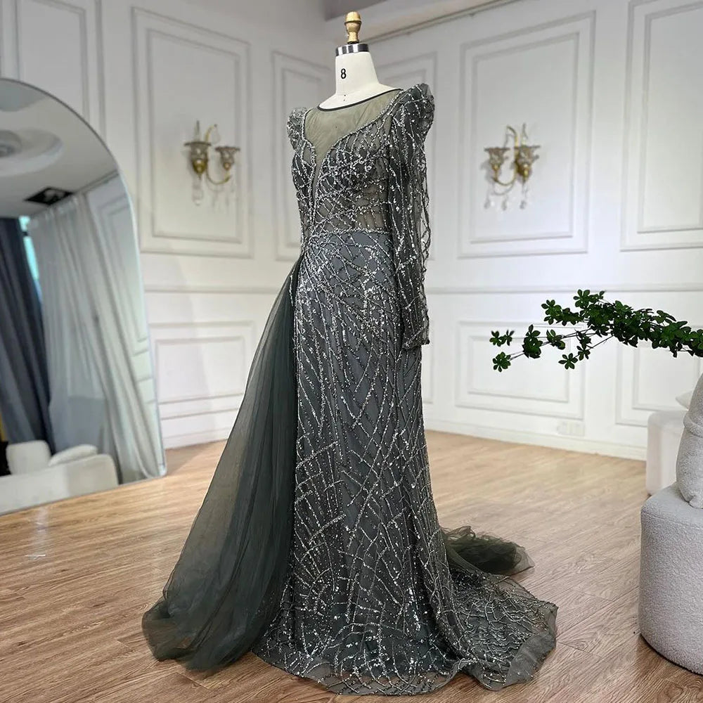Serene Hill Muslim Gold Mermaid Beaded Luxury Dubai Evening Dresses Gowns With Overskirt 2024 For Women Party LA72206