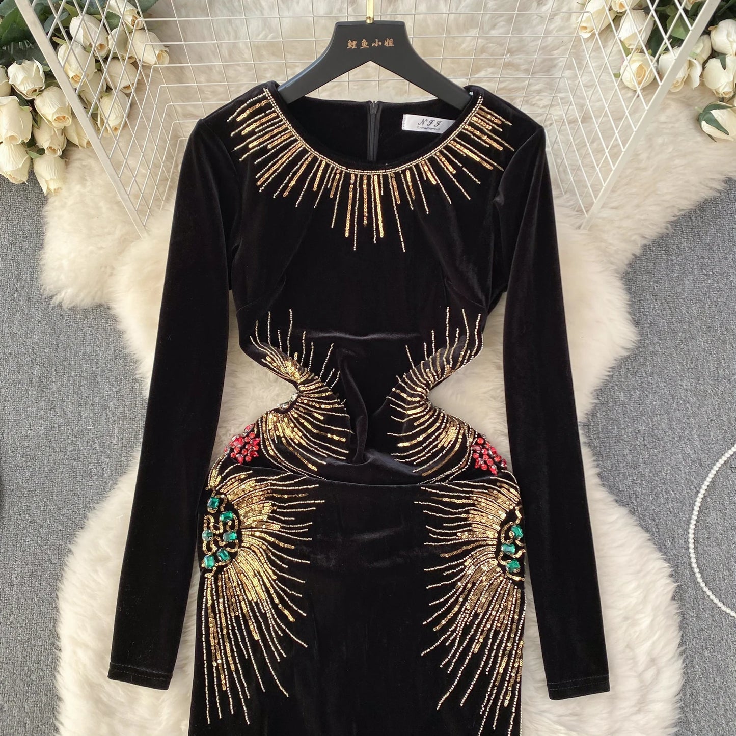 Chic Elegant Long Sleeve O Neck Rhine Stone Sequin Velvet Dress Sexy Vestidos High Waist Women Autumn Ceremonial Dress