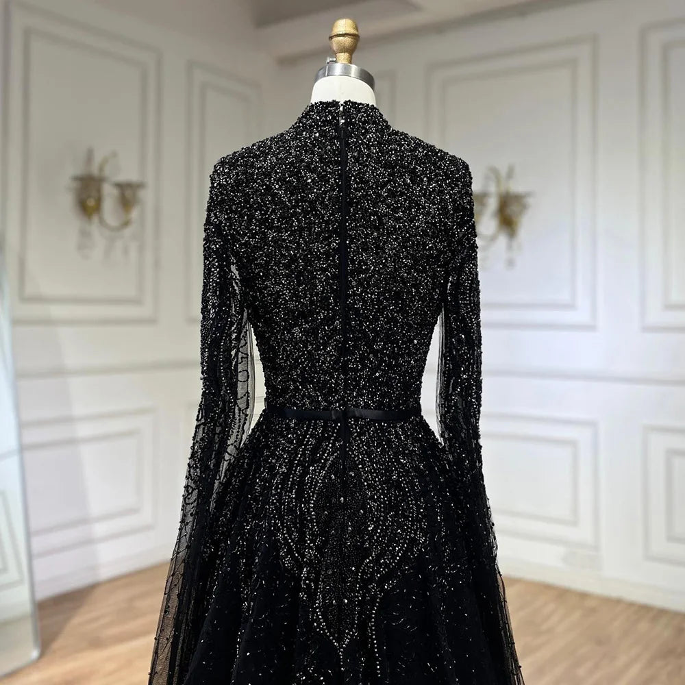 Serene Hill Blue A-Line High-end Beaded Luxury Cape Sleeves Evening Dresses Gowns 2024 For Woman Party Plus Size LA70066B