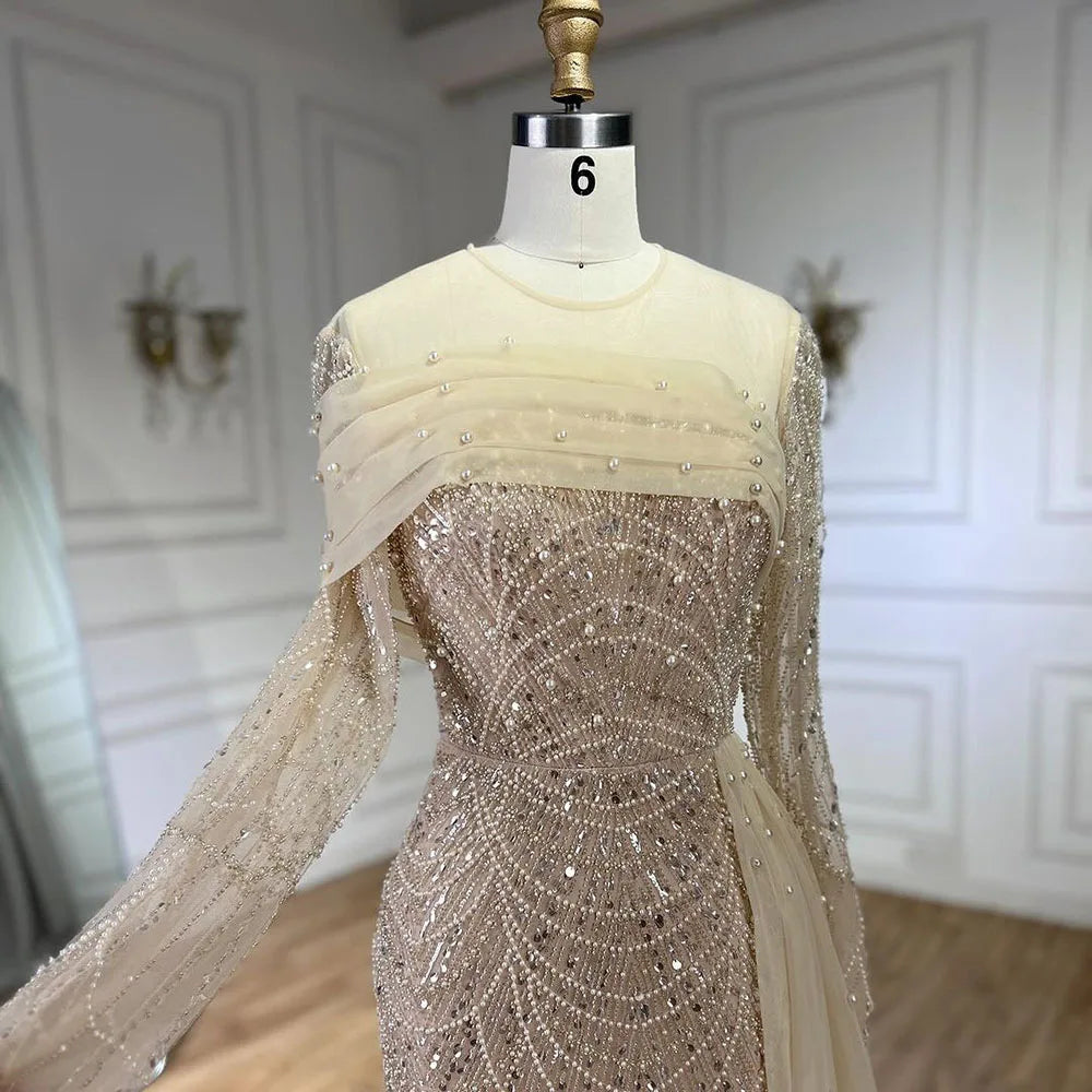SERENE HILL 2024 Dubai Arabic Nude Mermaid Luxury Beaded Evening Dresses Gowns With Overskirt For Women Wedding Party GLA72254A