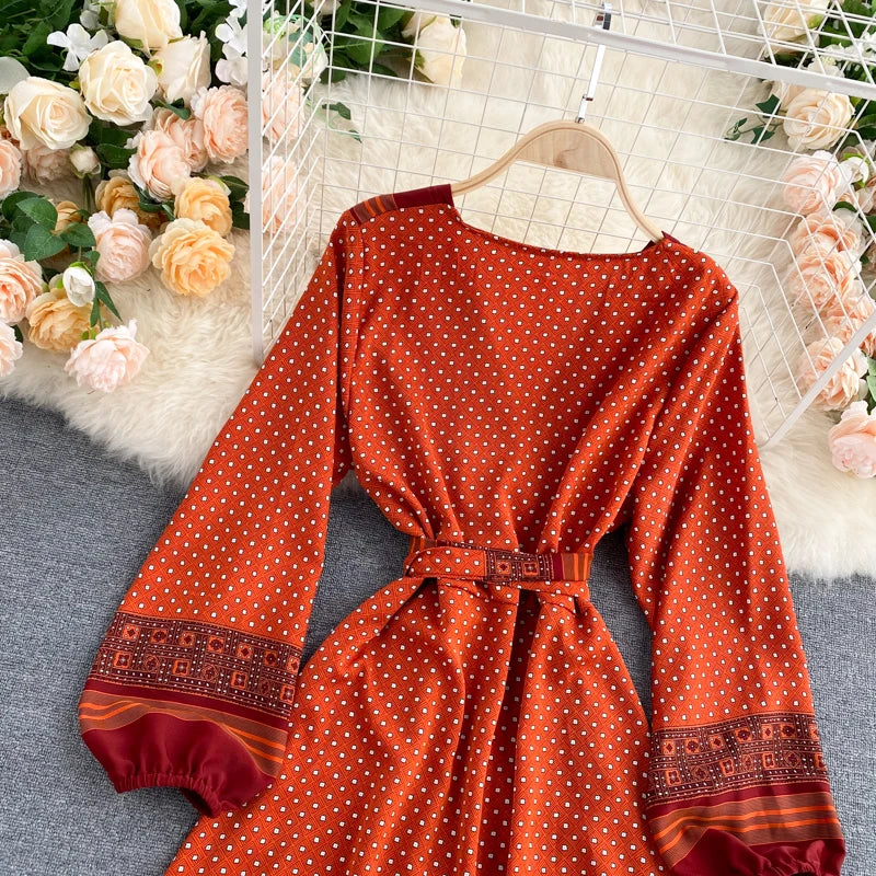 Vintage Print Elegant Puff Sleeve One Piece Dress A-line Lace-up Beach Vacation Midi Dress Women Fashion Spring Autumn Vestidos