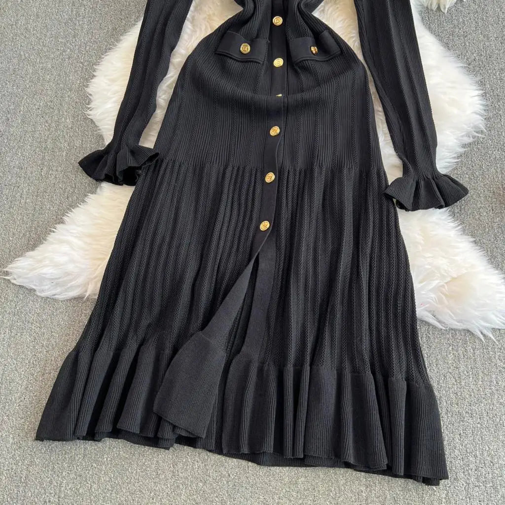 Women Vintage Mermaid Knitted Dress Elegant Casual Single Breasted Bodycon Slim Evening Dresses Female One Piece Clothes Mujers