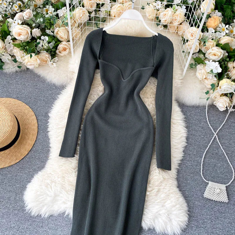 Women Long Sleeve Sexy Bodycon Dress with slit Vintage French Fashion Knit v neck Vestidos Basic Tight Elegant Slim Chic Dresses