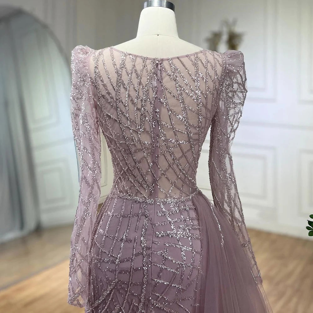 Serene Hill Muslim Gold Mermaid Beaded Luxury Dubai Evening Dresses Gowns With Overskirt 2024 For Women Party LA72206