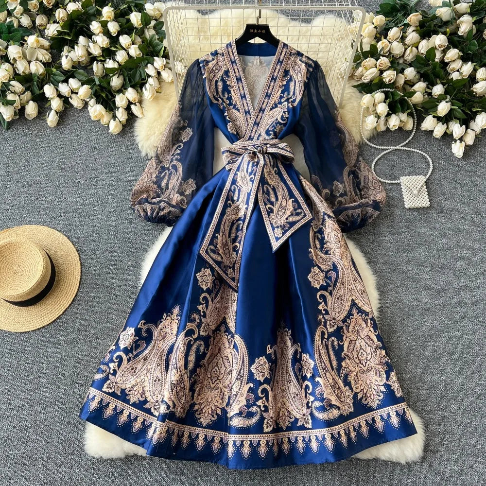 Vintage Elegant sweet puff sleeve Bandage Dress A-line Chic Casual Beach Vacation Women Summer dresses