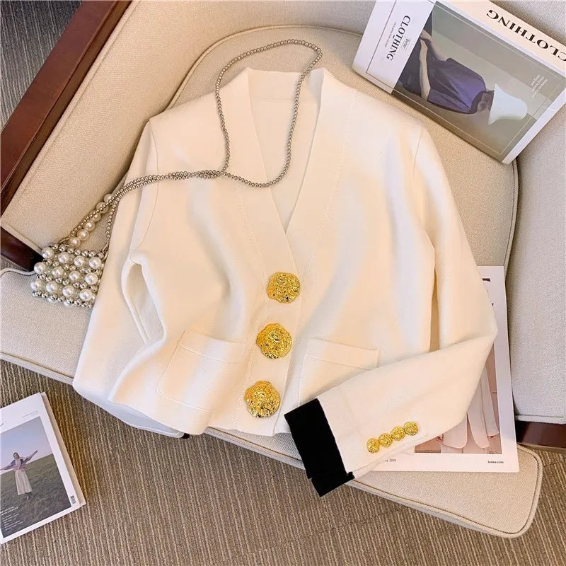 Vintage Trendy V-neck Cardigan for Spring and Autumn New Women Long Sleeve Sweater Jacket Elegant Chic Knitted Thin Coat Female
