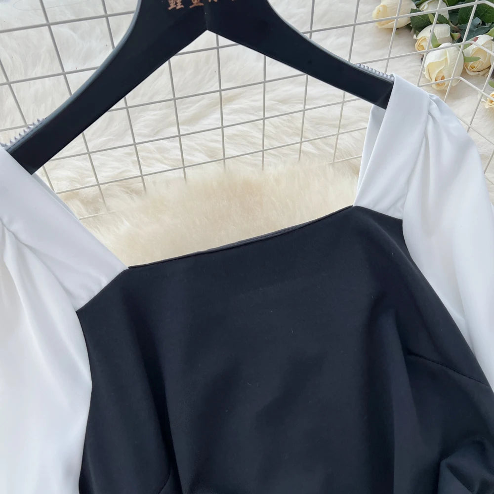 Elegant Pleated Mermaid Dress for Women Autumn Black White Patchwork Evening Party Dresses Autumn Slim Waist Prom Vestidos Robe