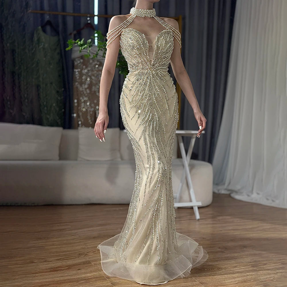 Serene Hill 2024 Arabic Nude Halter Neck Mermaid Pearls Beaded Luxury Dubai Evening Gown for Women's Party LA72696