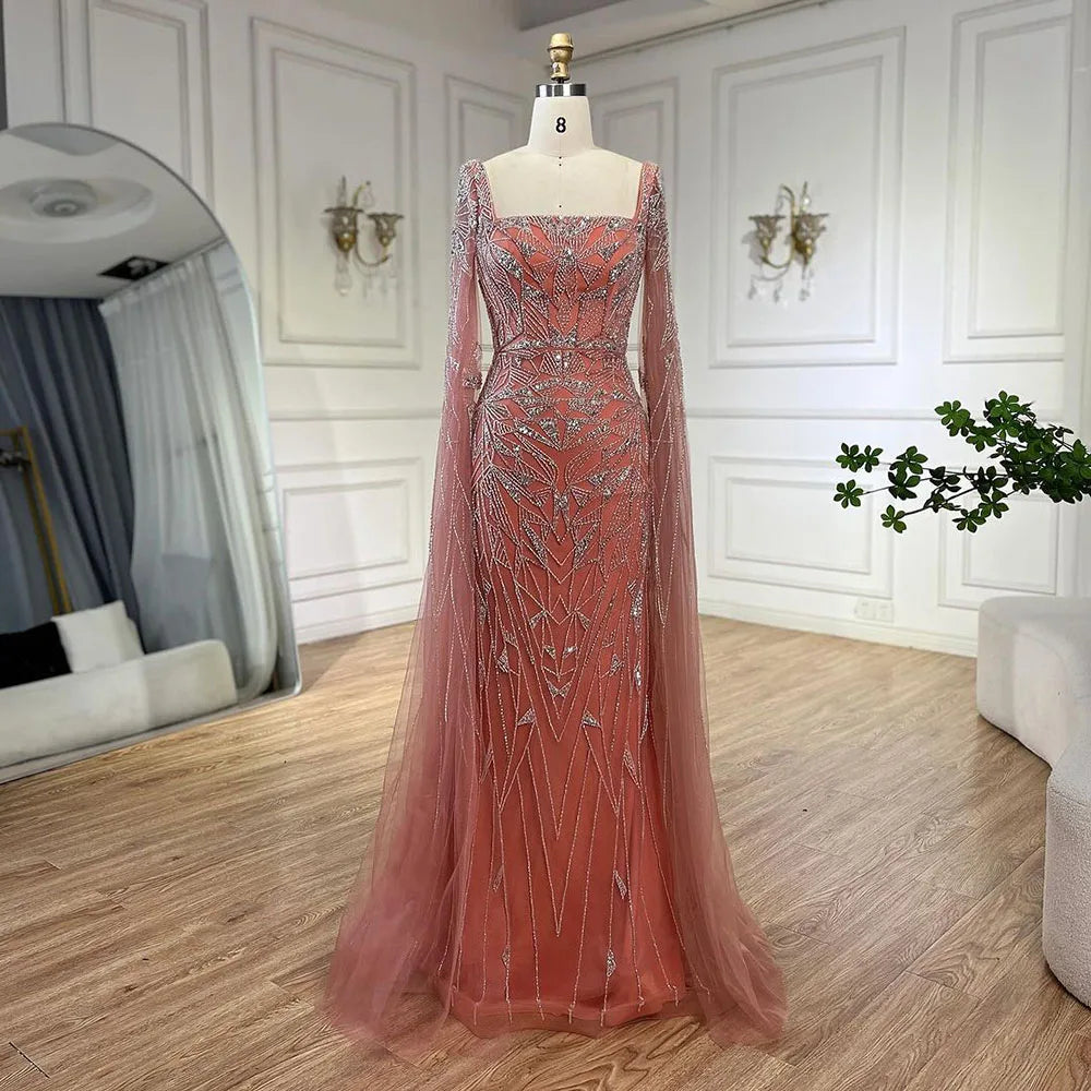 Serene Hill Arabic Pink Cape Sleeves Mermaid Dubai Evening Dresses Beaded Luxury Wedding Party Gowns For Women 2024 LA72261