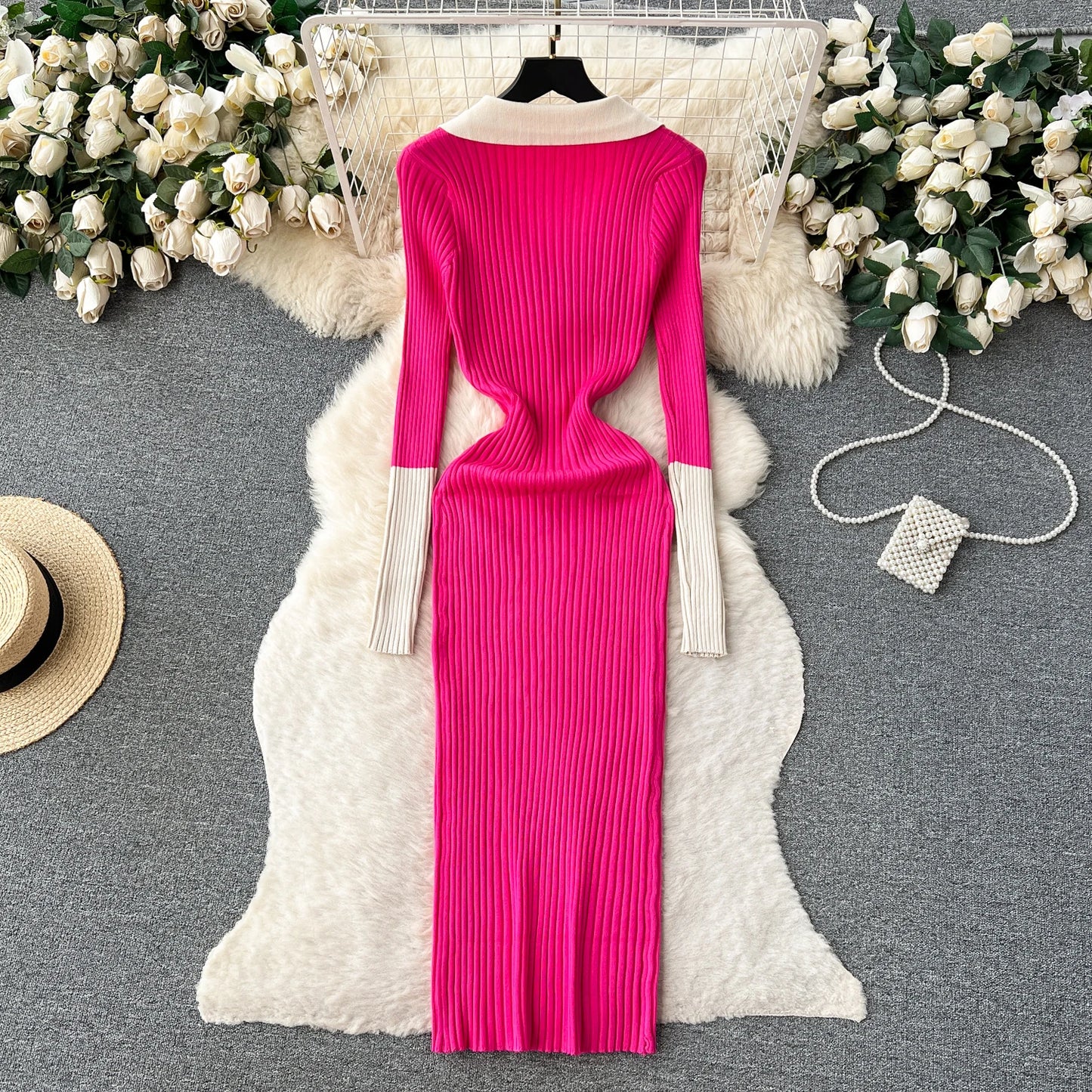 Elegant Polo-neck Long Sleeve Knit Bodycon Pencil Dress Slim Basic Fashion Sweater Vestido Sexy Women Autumn Winter Clothing