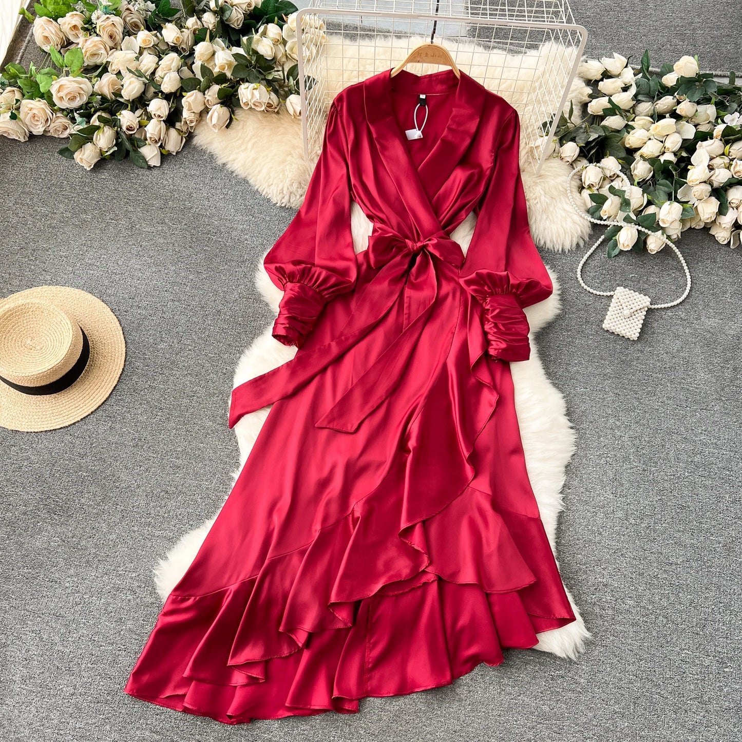 Women Elegant Satin Dress Summer Bandage High Waisted Ruffled Irregular Blazer Dresses Ladies A-line Vintage Party Long Robe