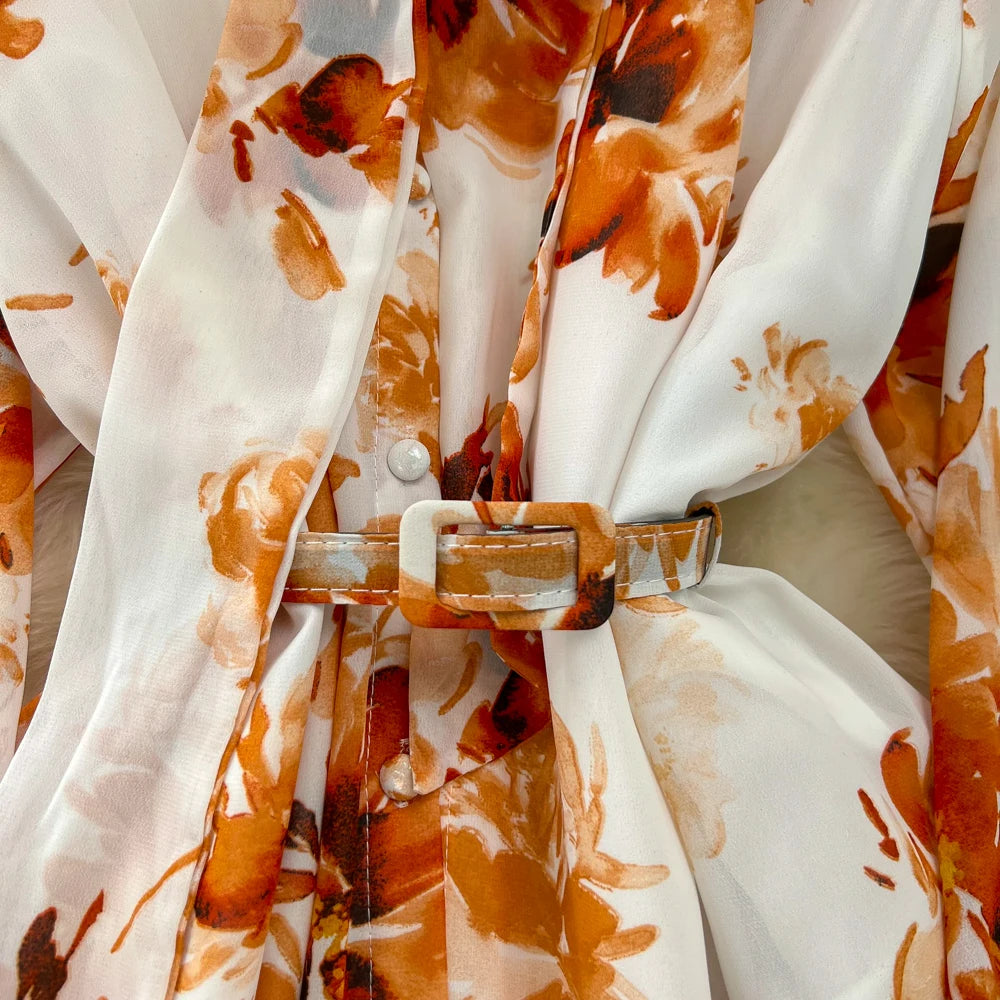 Elegant Casual Women Fashion Floral Print Long Dress Vintage Pleated A-Line Maxi Boho Beach Party Robe Female Clothes Mujers
