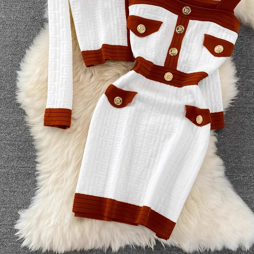 Spring Autumn New Trendy Knitted Two Piece Set for Women Vintage Elegant Slim Suits V-neck Short Cardigan+Mini Hip Wrap Dress