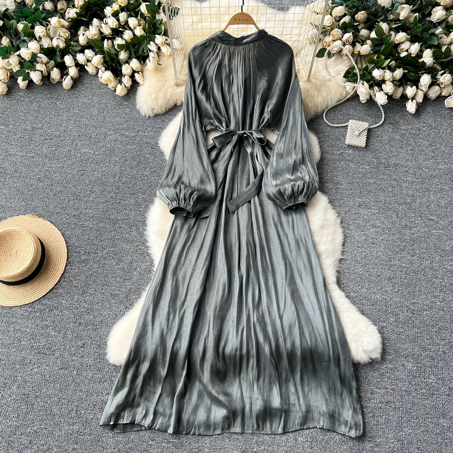 French Vintage Pleated lool sleeve print Lace-up Bow sweet Dress Casual Women Fashion summer dresses