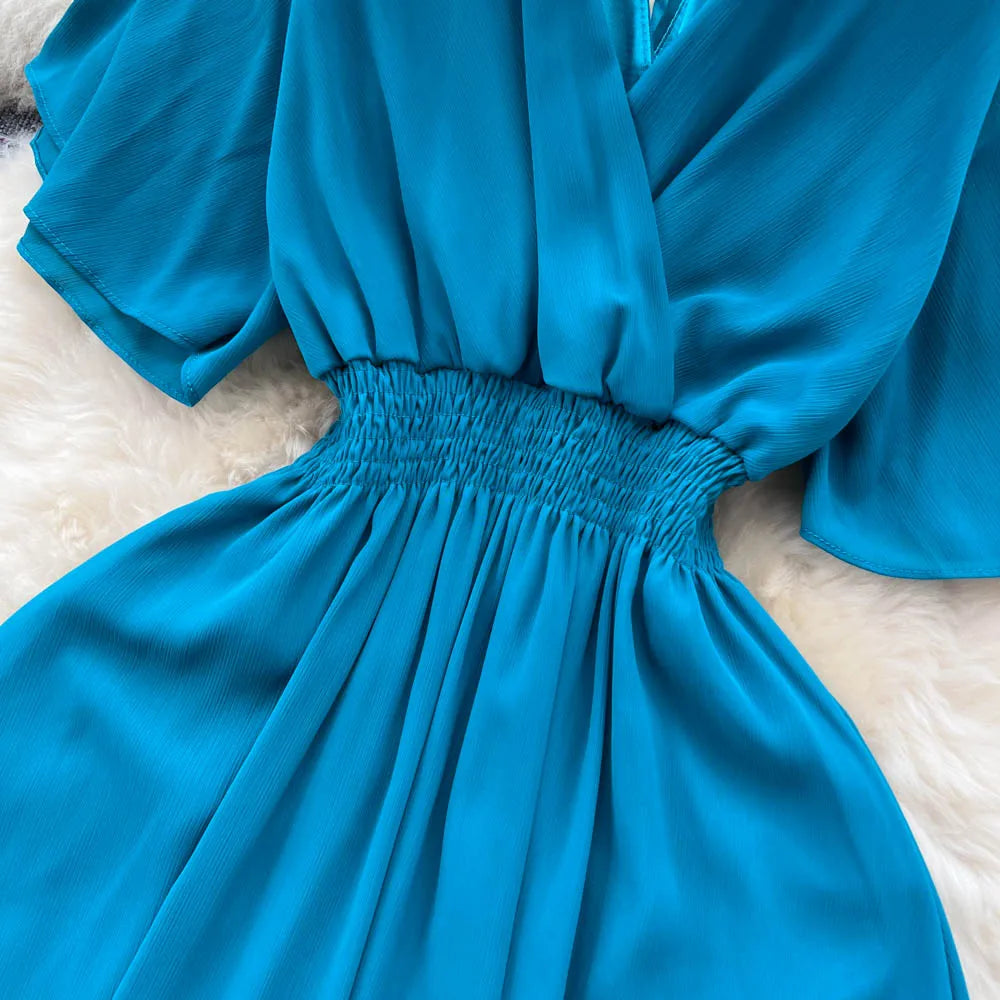 Vintage Elegant V-neck chiffon Dress A-line Fashion Beach Spring Summer Vestidos Women Bandage Sweet dresses