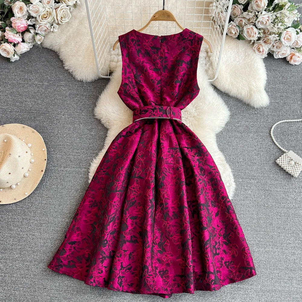 Women Vintage Floral Dresses Summer Slim A-line Sleeveless Party Dresses Ladies Elegant O-neck Casual Midi Dress Vestidos