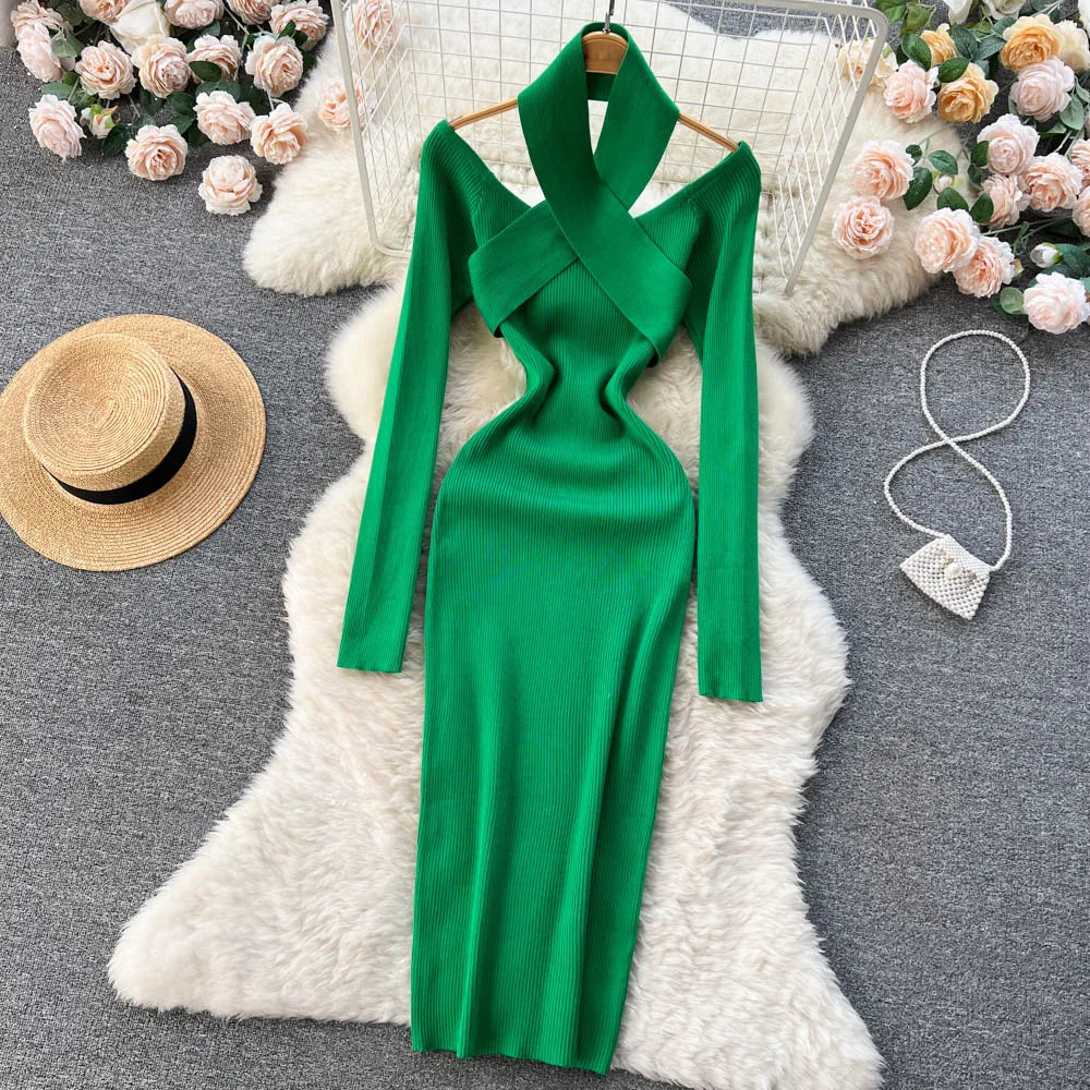 Chic Sexy Criss-cross Halter Elegant Pencil Dress Fashion Slim Knit Long Sleeve Birthday Party Vestidos Women Autumn Winter Robe