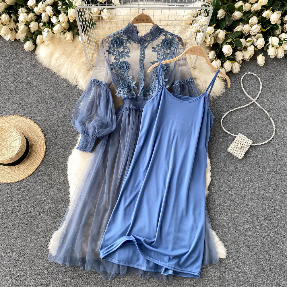 Retro Elegant Mesh Pleated two pieces Dress sets Sexy Fairy puff sleeve Summer Casual Vestidos Slim Women Evening Party Dress