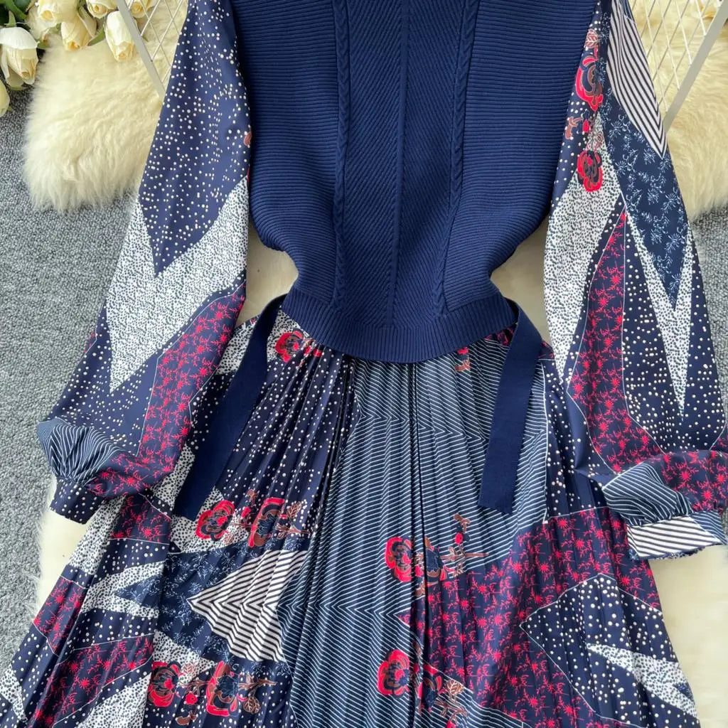 French Vintage Patchwork Print Knitted Dress Elegant and Chic Boho Beach Holiday Dresses A-Line Slim Waist Pleated Vestidos New