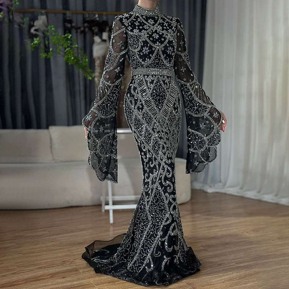 Serene Hill Muslim Grey Mermaid Elegant Nude Cape Sleeve Beaded Luxury Dubai Long Evening Dress 2024 Women's Party LA72316