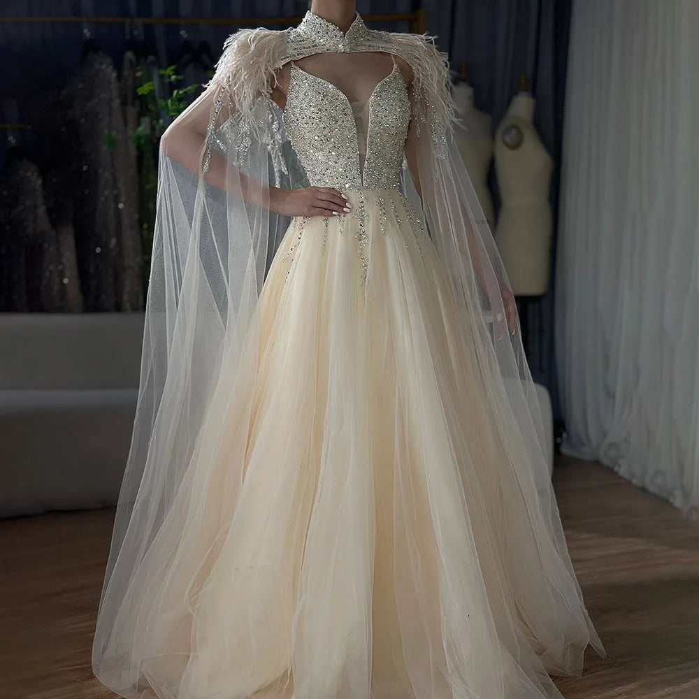 Serene Hill Arabic Beige A-Line Feathers Long Cape Luxury Beaded Saudi Evening Dresses Gowns for Formal Occasion 2024 LA72722
