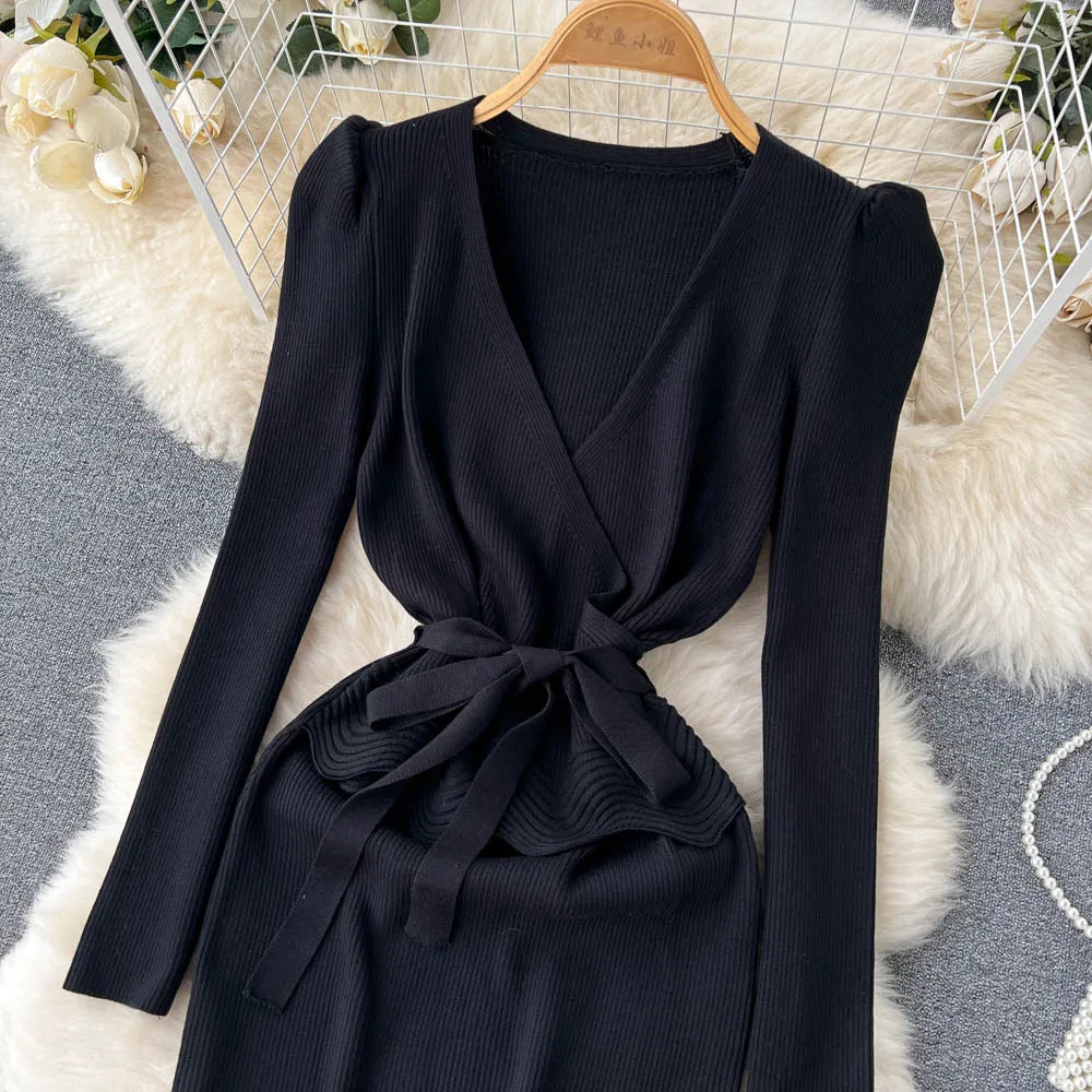 Women Long Sleeve V Neck Sexy Knit Bodycon Dress Chic Vintage Lace Up French Fashion Vestidos Party Elegant Fashion Dresses Y2k