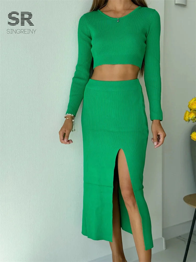 SINGREINY 2024 Autumn Skinny Knitted Sets Short Tops+Slim Long Split Skirt Women Korean Style Sweater Fashion Two Pieces Suits