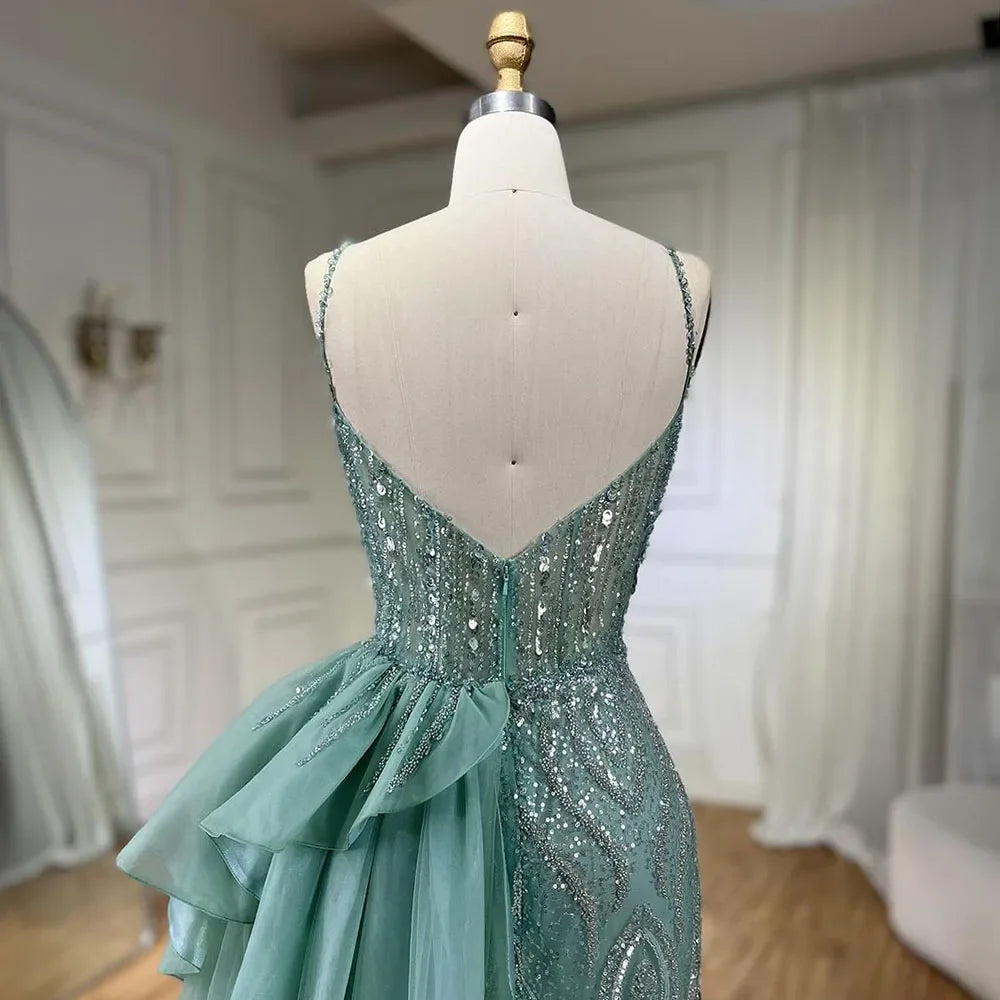 SERENE HILL 2024 Turquoise Spaghetti Strap Luxury Beaded Evening Dresses Mermaid Elegant Overskirt Gown For Women Party GLA72378
