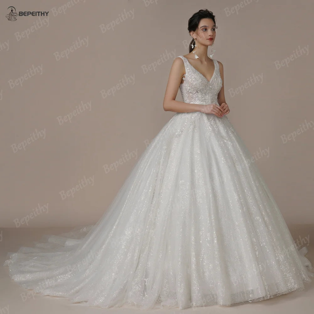 BEPEITHY Bride Luxury V Neck Crystal Wedding Dresses 2023 Sleeveless Court Train Beading Exquisite Ivory Bridal Ball Gown Spring
