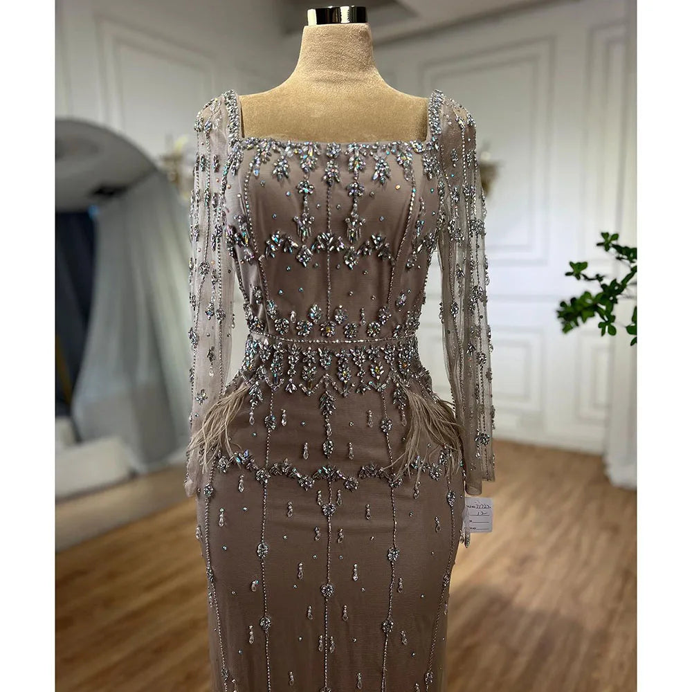 Serene Hill Muslim Turquoise Mermaid Elegant Evening Dresses Gowns 2024 Luxury Beaded Feather For Women Party LA71722