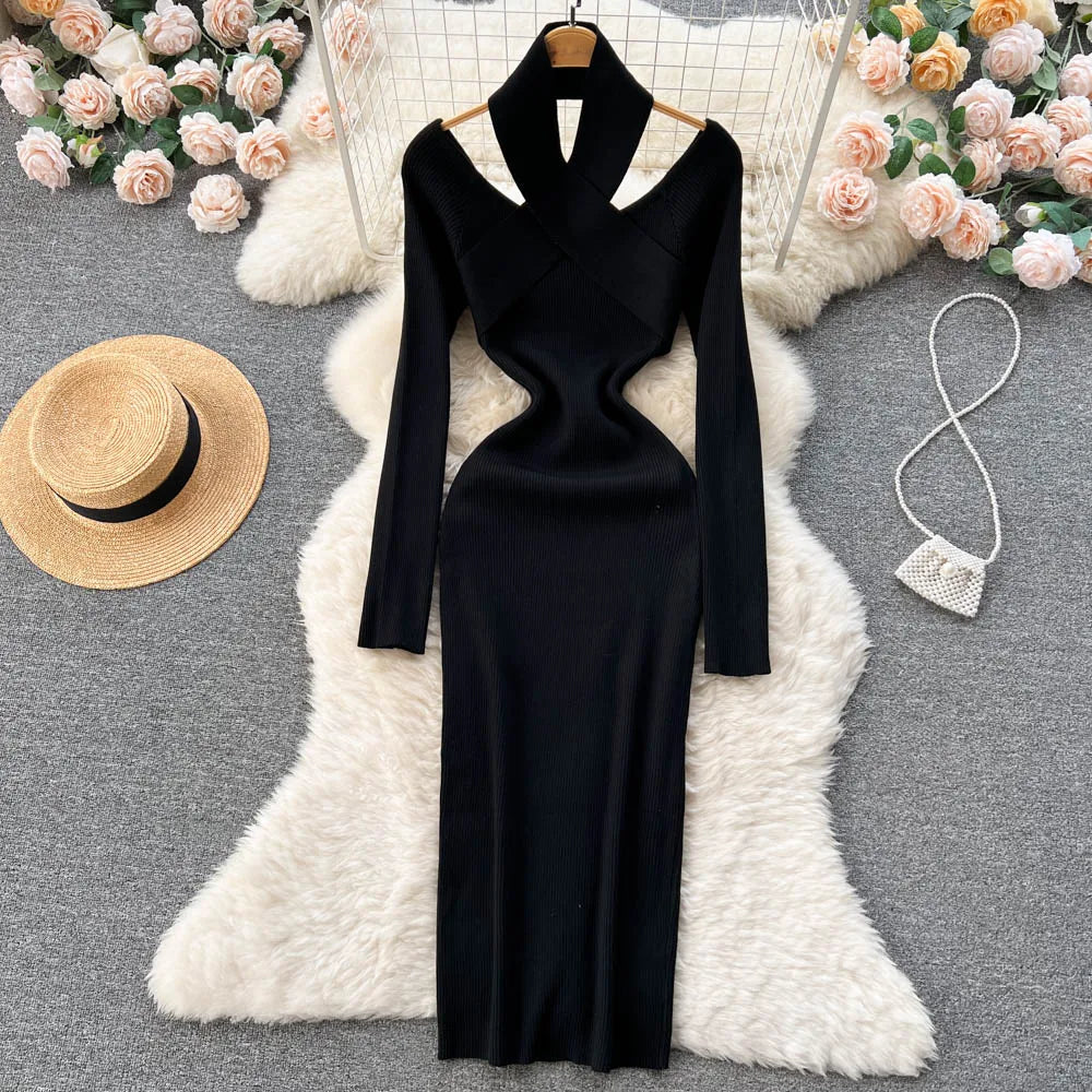 Chic Sexy Criss-cross Halter Elegant Pencil Dress Fashion Slim Knit Long Sleeve Birthday Party Vestidos Women Autumn Winter Robe
