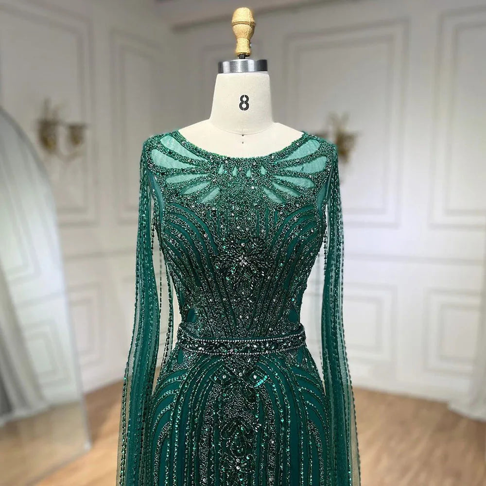 Serene Hill Brown Mermaid Elegant 2024 With Cape Sleeves Beaded Luxury Evening Dresses Gowns For Women Party LA70638