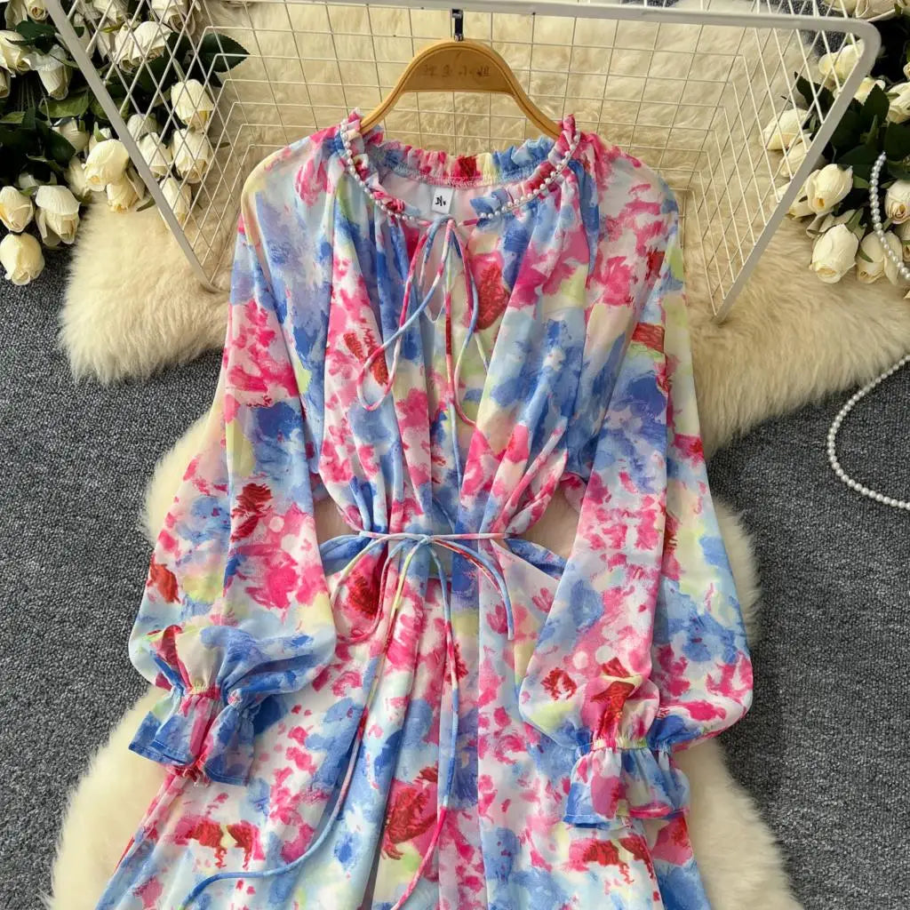 Elegant Floral Print Party Dress for Women French O-Neck Embroidered Flares Lace Up Lantern Long Sleeves Chiffon Long Dresses