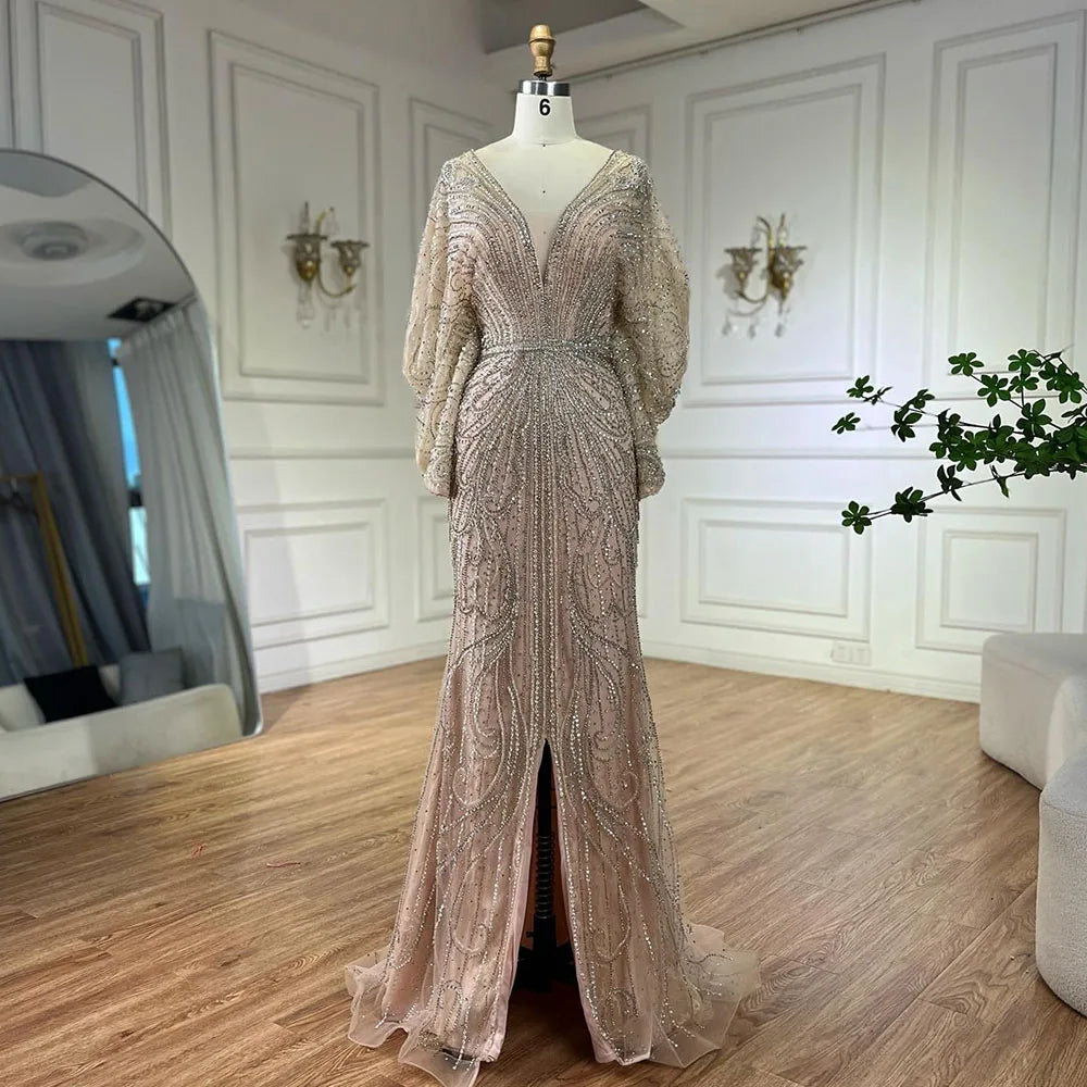 SERENE HILL 2024 Arabic Gold Elegant Mermaid Black Luxury Beaded Evening Dresses Gowns Diamond For Women Wedding Party GLA72288A