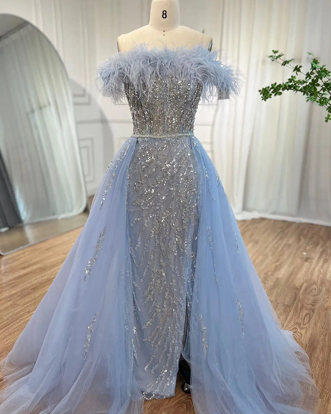 SERENE HILL 2024 Blue Feather Mermaid Luxury Beaded Evening Dresses Overskirt Formal Pink Gowns For Women Wedding Party GLA72061